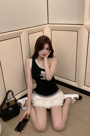 Embellished Sequin Sleeveless Fitted Top with Diagonal Shoulder and Bow - Trendy Party Wear for Y2K and 90s Style