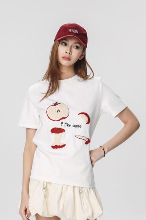Embroidered Apple Short Sleeve T-Shirt for Women - Summer 2025 Beer Captain American Style Top