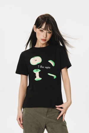 Embroidered Apple Short Sleeve T-Shirt for Women - Summer 2025 Beer Captain American Style Top