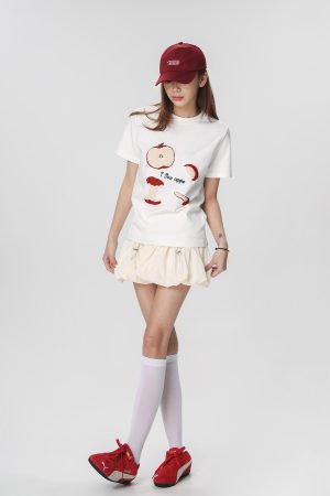 Embroidered Apple Short Sleeve T-Shirt for Women - Summer 2025 Beer Captain American Style Top