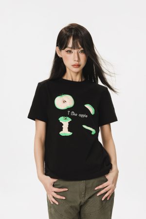 Embroidered Apple Short Sleeve T-Shirt for Women - Summer 2025 Beer Captain American Style Top