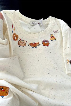 Embroidered Cartoon Color-Blocking Short-Sleeve T-Shirt for Women - Summer 2023 Trendy Cotton Top