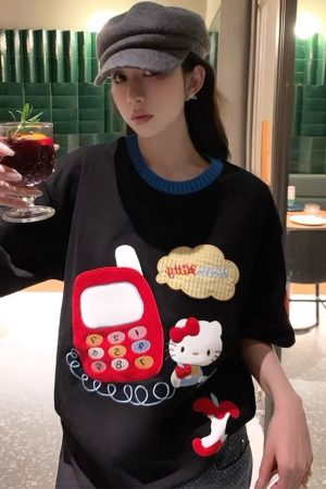 Embroidered Cartoon Color-Blocking Short-Sleeve T-Shirt for Women - Summer 2023 Trendy Cotton Top