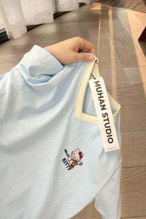 Embroidered Cartoon Color-Blocking Short-Sleeve T-Shirt for Women - Summer 2023 Trendy Cotton Top