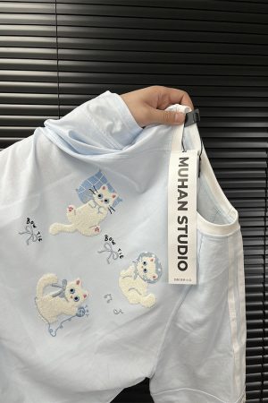 Embroidered Cartoon Color-Blocking Short-Sleeve T-Shirt for Women - Summer 2023 Trendy Cotton Top