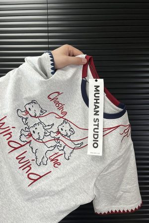 Embroidered Cartoon Color-Blocking Short-Sleeve T-Shirt for Women - Summer 2023 Trendy Cotton Top