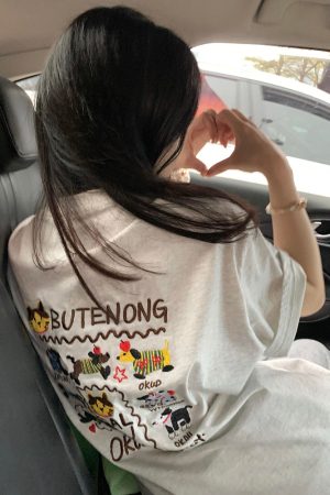 Embroidered Cartoon Heavyweight Cotton Short Sleeve T-Shirt for Women - Summer 2025 Y2K Gray Age-Reducing Top