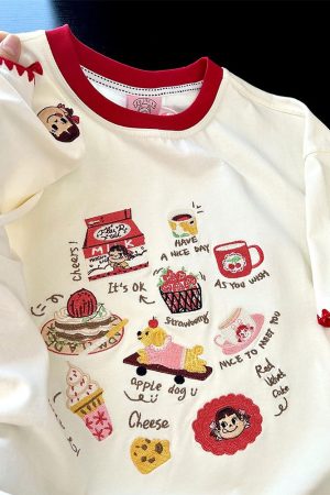 Embroidered Cartoon Milk Color Block Short Sleeve T-Shirt for Women - Trendy Apricot Patchwork Summer 2025 Style