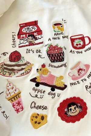 Embroidered Cartoon Milk Color Block Short Sleeve T-Shirt for Women - Trendy Apricot Patchwork Summer 2025 Style