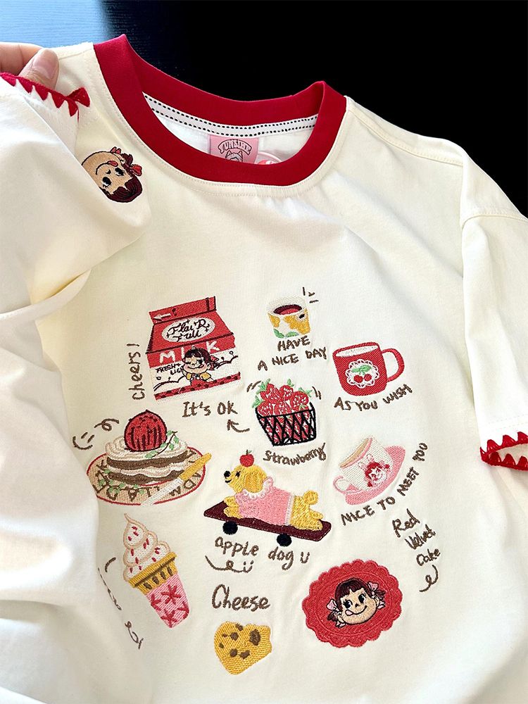 Embroidered Cartoon Milk Color Block Short Sleeve T-Shirt for Women - Trendy Apricot Patchwork Summer 2025 Style Embroidered Cartoon Milk Color Block Short Sleeve T-Shirt for Women - Trendy Apricot Patchwork Summer 2025 Style