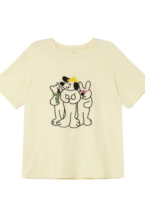 Embroidered Cartoon T-Shirt for Women, Short Sleeve Loose Slim Fit Top, 2025 Style, Cute Casual Wear for Petite Sizes