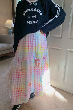 Embroidered Checkered Midi Skirt for Women - High-Waisted Plus Size, Spring 2025, Exquisite Long Skirt for Curvy Figures