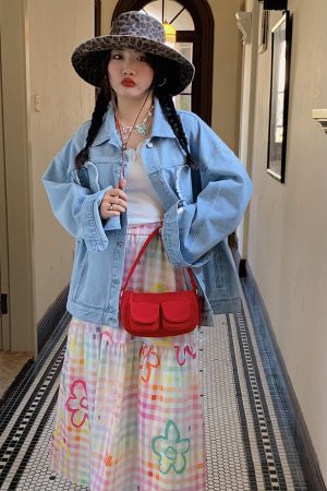 Embroidered Checkered Midi Skirt for Women - High-Waisted Plus Size, Spring 2025, Exquisite Long Skirt for Curvy Figures