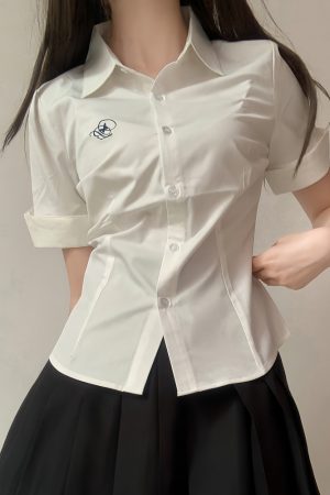 Embroidered College Style Short Sleeve Shirt - Slim Fit, Waist-Defining, Versatile White and Blue Top for Summer