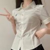 Embroidered College Style Short Sleeve Shirt - Slim Fit, Waist-Defining, Versatile White and Blue Top for Summer