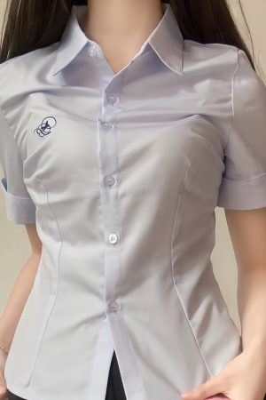 Embroidered College Style Short Sleeve Shirt - Slim Fit, Waist-Defining, Versatile White and Blue Top for Summer