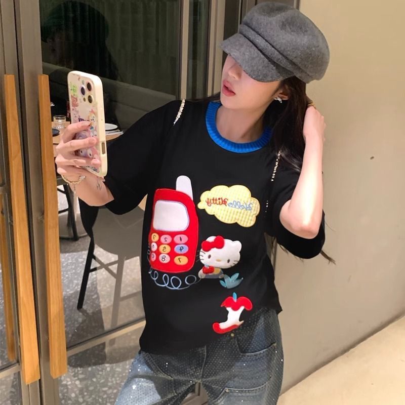 Embroidered Color-Block Short-Sleeve T-Shirt for Women - Stylish Summer 2025 Pure Cotton Casual Top Embroidered Color-Block Short-Sleeve T-Shirt for Women - Stylish Summer 2025 Pure Cotton Casual Top