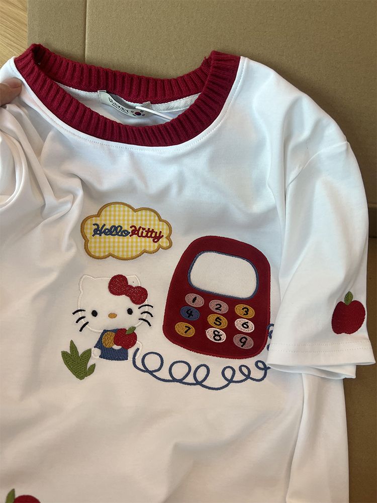 Embroidered Color-Block Short-Sleeve T-Shirt for Women - Stylish Summer 2025 Pure Cotton Casual Top Embroidered Color-Block Short-Sleeve T-Shirt for Women - Stylish Summer 2025 Pure Cotton Casual Top