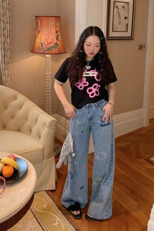 Embroidered Denim Wide-Leg Pants for Women, Plus Size, Flattering Slim Fit, Spring Summer 2025 Style, Trendy Casual Fashion
