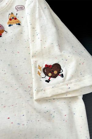 Embroidered Dessert Peach Cotton Short Sleeve T-Shirt for Women - Unique Cartoon Shoulder Top, Summer 2025 Fashion