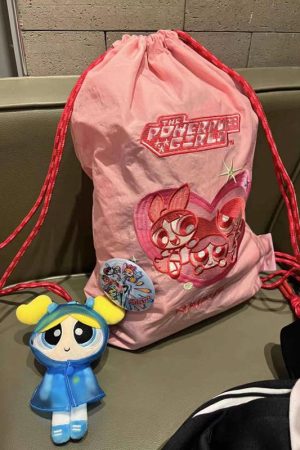 Embroidered Drawstring Backpack - Flying Girl Powerpuff Girls Naixue Style, Large Capacity, Trendy Commuter Bag, 2025 Fashion