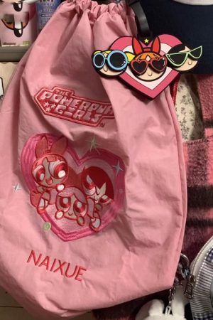 Embroidered Drawstring Backpack - Flying Girl Powerpuff Girls Naixue Style, Large Capacity, Trendy Commuter Bag, 2025 Fashion