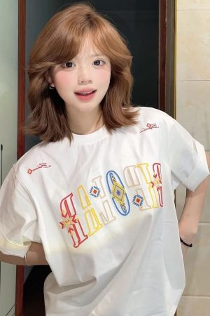 Embroidered Ethnic Style Letter Short Sleeve T-Shirt for Women - Summer 2023 Heavyweight Pure Cotton Casual Top