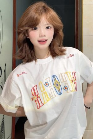 Embroidered Ethnic Style Letter Short Sleeve T-Shirt for Women - Summer 2023 Heavyweight Pure Cotton Casual Top