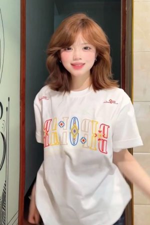 Embroidered Ethnic Style Letter Short Sleeve T-Shirt for Women - Summer 2023 Heavyweight Pure Cotton Casual Top