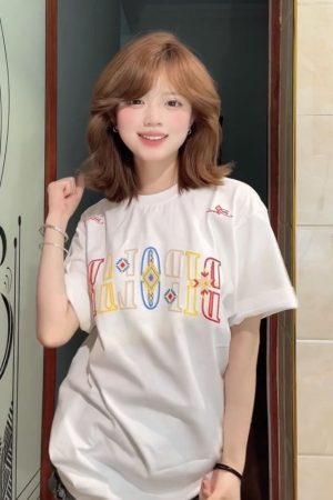 Embroidered Ethnic Style Letter Short Sleeve T-Shirt for Women - Summer 2023 Heavyweight Pure Cotton Casual Top