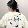 Embroidered Flying Butterfly Short Sleeve T-Shirt for Women, Summer Cotton Top, Unique Couple Outfit, Trendy Y2K Style