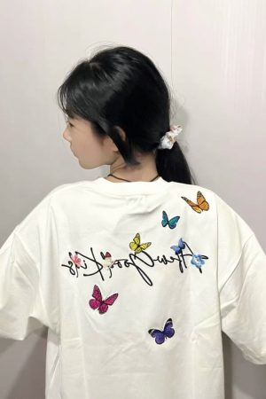 Embroidered Flying Butterfly Short Sleeve T-Shirt for Women, Summer Cotton Top, Unique Couple Outfit, Trendy Y2K Style