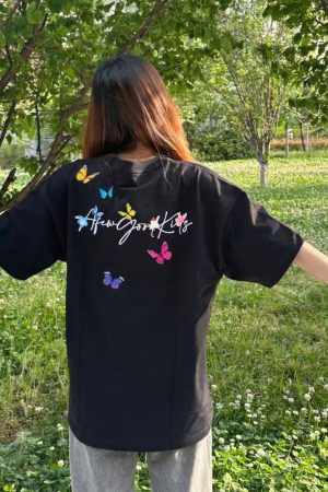 Embroidered Flying Butterfly Short Sleeve T-Shirt for Women, Summer Cotton Top, Unique Couple Outfit, Trendy Y2K Style