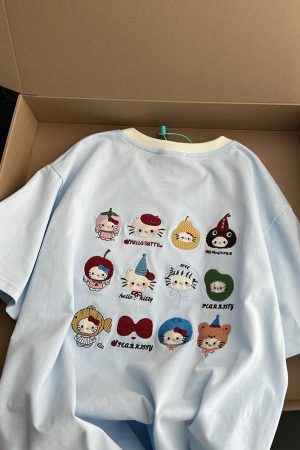 Embroidered Kitty Cat V-Neck Short Sleeve T-Shirt for Women - Unique Cartoon Design, Summer Style, Cute & Cool Girl Fashion