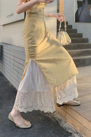 Embroidered Lace Patchwork Wide-Leg Pants with Elastic Waist for Women in Fresh Japanese Style, Cotton-Linen Blend