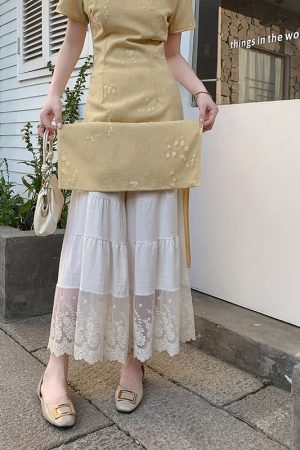 Embroidered Lace Patchwork Wide-Leg Pants with Elastic Waist for Women in Fresh Japanese Style, Cotton-Linen Blend