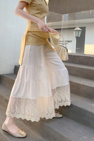 Embroidered Lace Patchwork Wide-Leg Pants with Elastic Waist for Women in Fresh Japanese Style, Cotton-Linen Blend