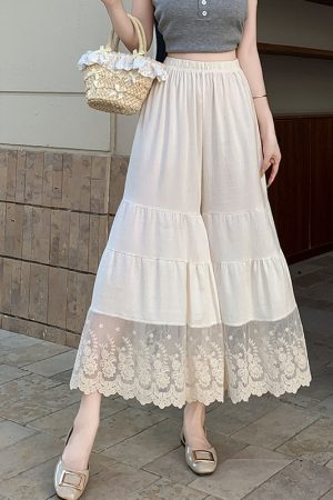 Embroidered Lace Patchwork Wide-Leg Pants with Elastic Waist for Women in Fresh Japanese Style, Cotton-Linen Blend