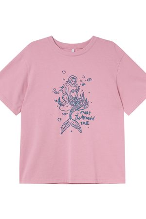 Embroidered Mermaid Print Short-Sleeve T-Shirt for Women - Summer Loose Top, Age-Reducing, Niche Style, 90s Inspired Fashion