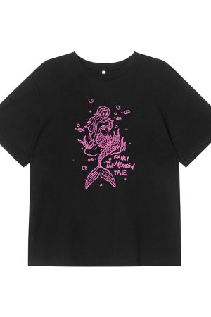 Embroidered Mermaid Print Short-Sleeve T-Shirt for Women - Summer Loose Top, Age-Reducing, Niche Style, 90s Inspired Fashion