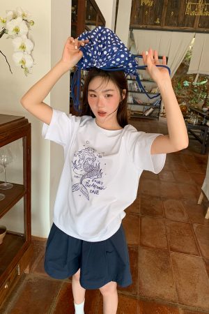 Embroidered Mermaid Print Short-Sleeve T-Shirt for Women - Summer Loose Top, Age-Reducing, Niche Style, 90s Inspired Fashion