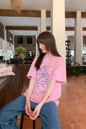 Embroidered Mermaid Print Short-Sleeve T-Shirt for Women - Summer Loose Top, Age-Reducing, Niche Style, 90s Inspired Fashion