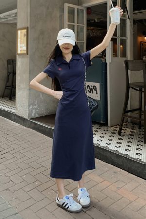 Embroidered Polo Collar Short Sleeve Dress for Women - Summer Korean Style, Plus Size, Waist-Cinching Elegant Bodycon Dress