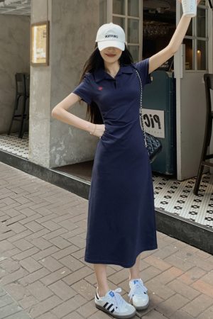 Embroidered Polo Collar Short Sleeve Dress for Women - Summer Korean Style, Plus Size, Waist-Cinching Elegant Bodycon Dress