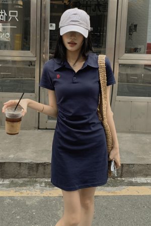 Embroidered Polo Collar Short Sleeve Dress for Women - Summer Korean Style, Plus Size, Waist-Cinching Elegant Bodycon Dress