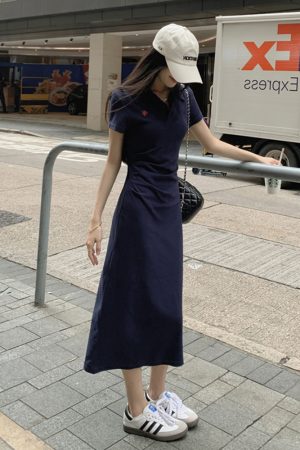 Embroidered Polo Collar Short Sleeve Dress for Women - Summer Korean Style, Plus Size, Waist-Cinching Elegant Bodycon Dress