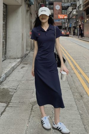 Embroidered Polo Collar Short Sleeve Dress for Women - Summer Korean Style, Plus Size, Waist-Cinching Elegant Bodycon Dress