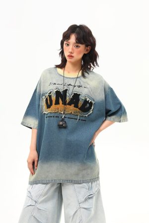 Embroidered Retro Washed Denim Short-Sleeve T-Shirt for Women - High-End Summer Fashion Trend