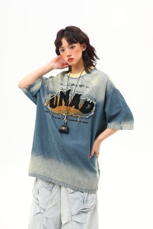 Embroidered Retro Washed Denim Short-Sleeve T-Shirt for Women - High-End Summer Fashion Trend