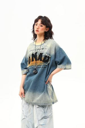 Embroidered Retro Washed Denim Short-Sleeve T-Shirt for Women - High-End Summer Fashion Trend